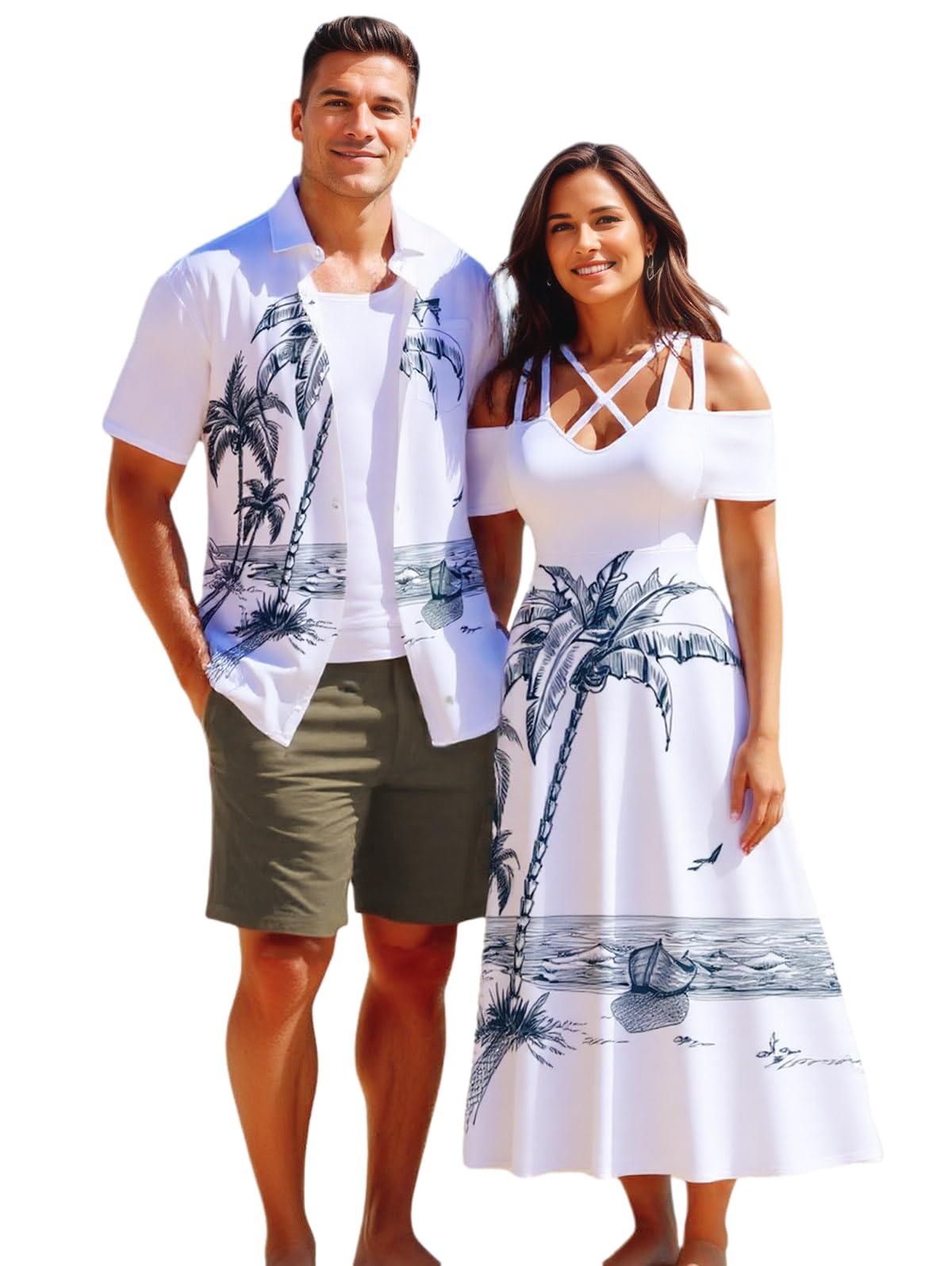Matchable Couple Hawaiian Coconut Tree Print Shirt or Plus Size Midi Cold Shoulder Dress