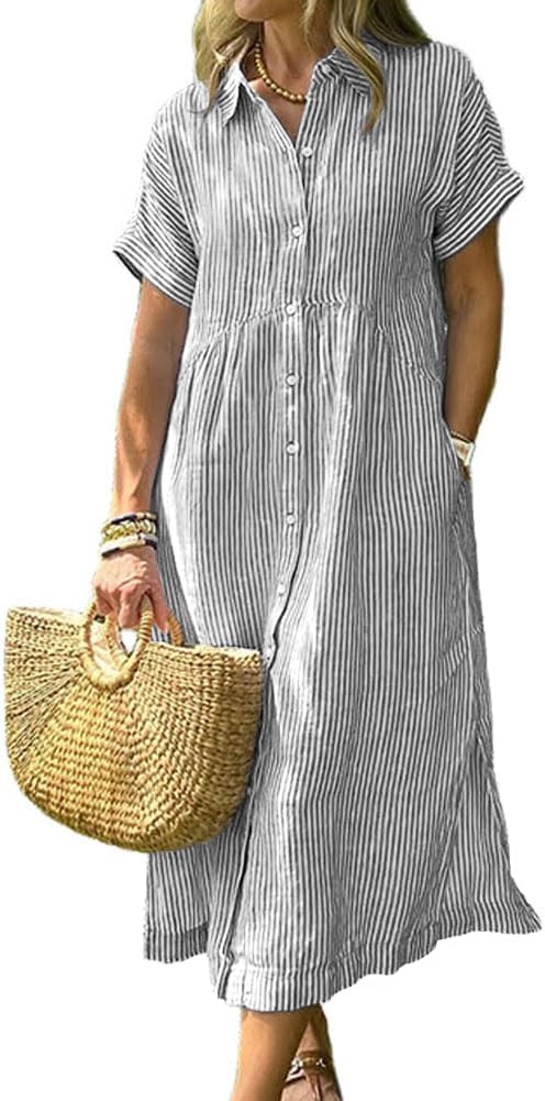 chouyatou Women's Summer Striped Midi Long Shirt Dress Casual Loose Short Sleeve Button Down Dress