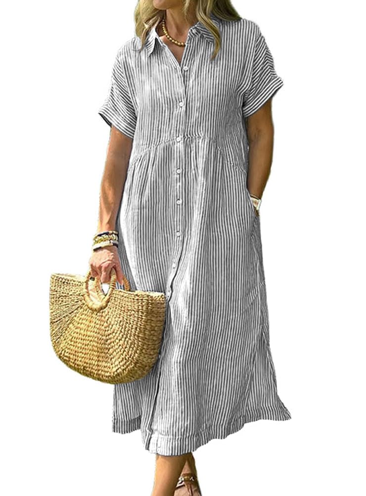 chouyatou Women's Summer Striped Midi Long Shirt Dress Casual Loose Short Sleeve Button Down Dress