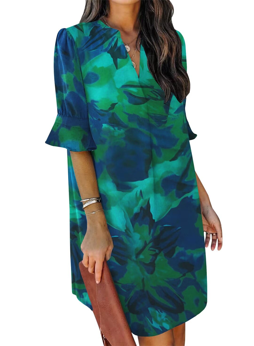 QACOHU Summer Dresses for Women V Neck Ruffle Short Sleeve Shift Dress