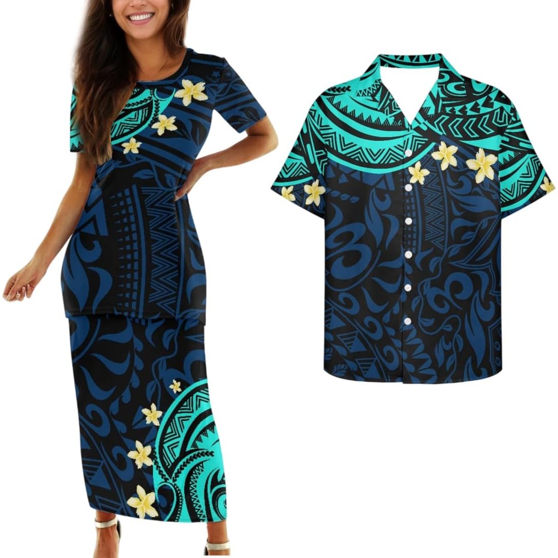 Samoa Couple Outfit Polynesian Dress for Women Traditional Puletasi Shirts for Men Beach Lava Lava Luau