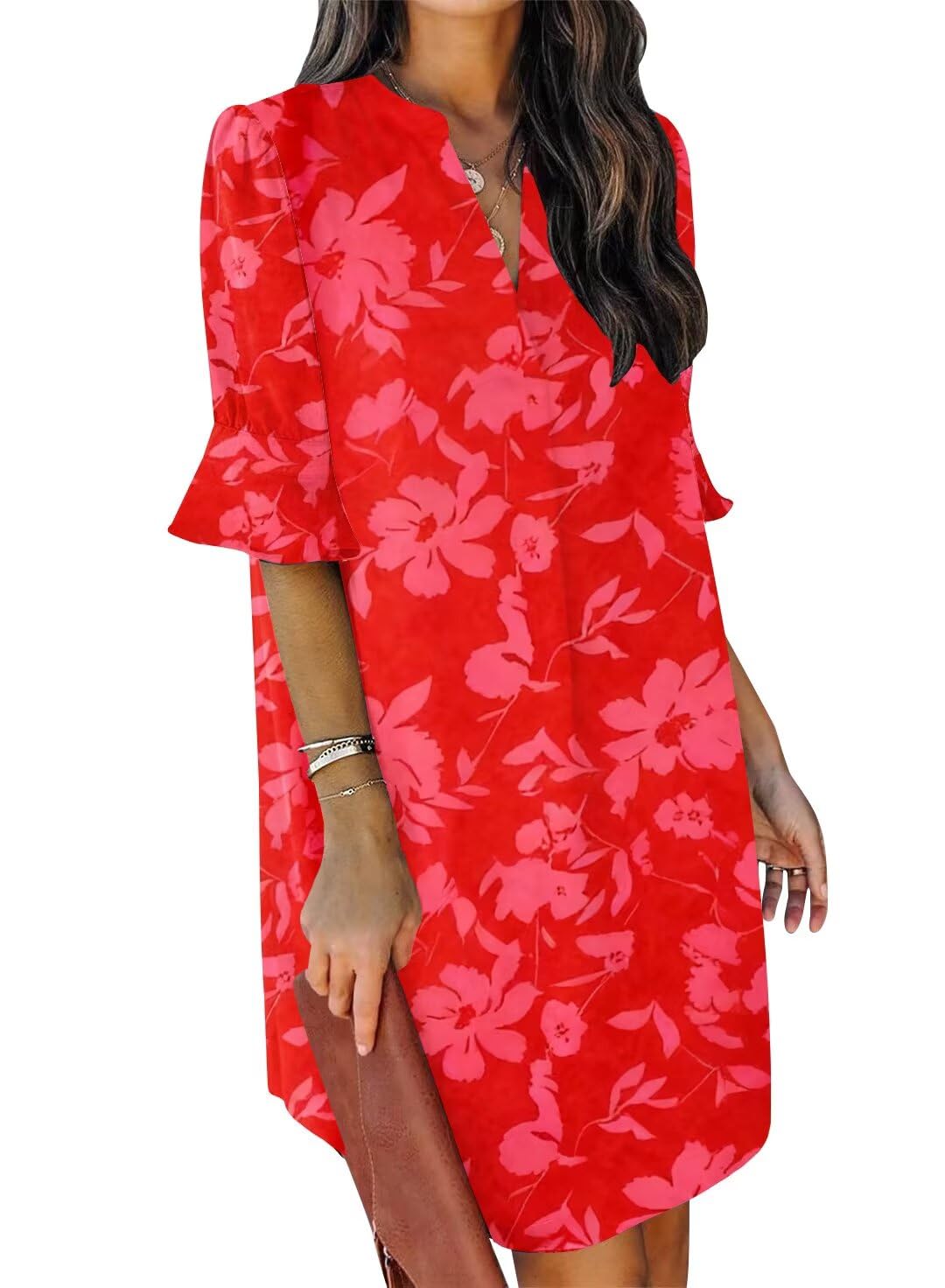 QACOHU Summer Dresses for Women V Neck Ruffle Short Sleeve Shift Dress