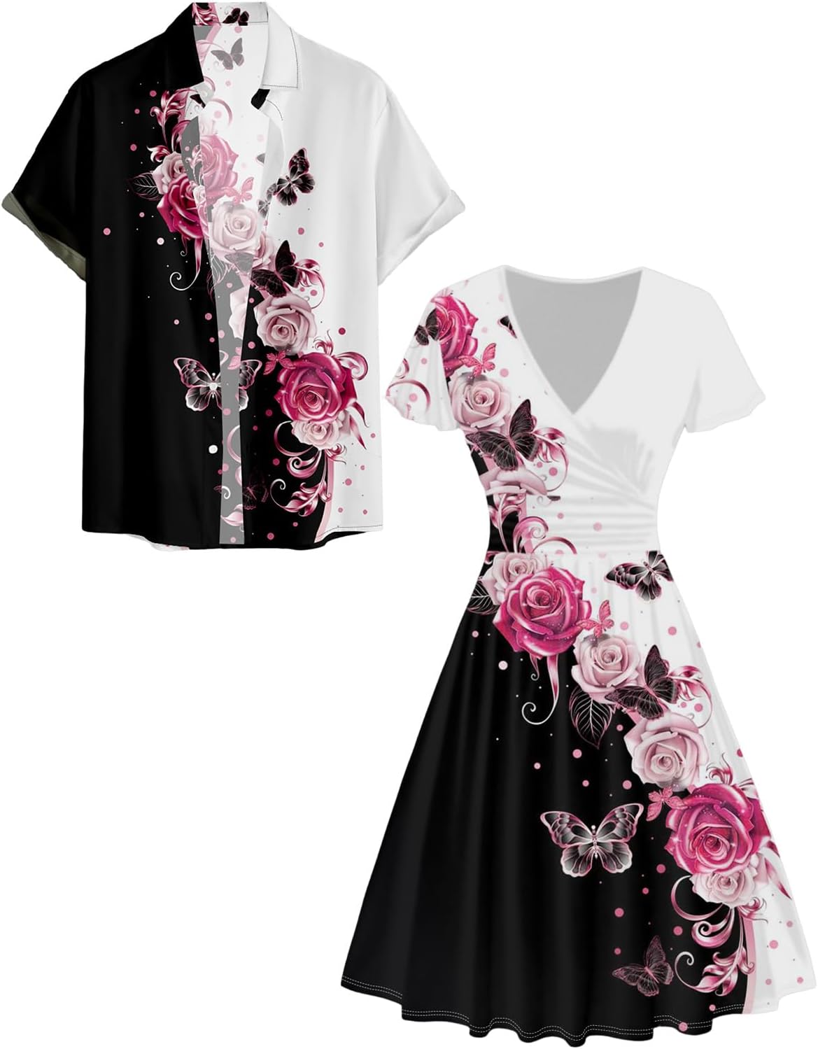 DRESSFO Couple Matching Hawaiian Outfits Butterfly Rose Print A-line Dress or Men's Short Sleeve Button Up Shirt
