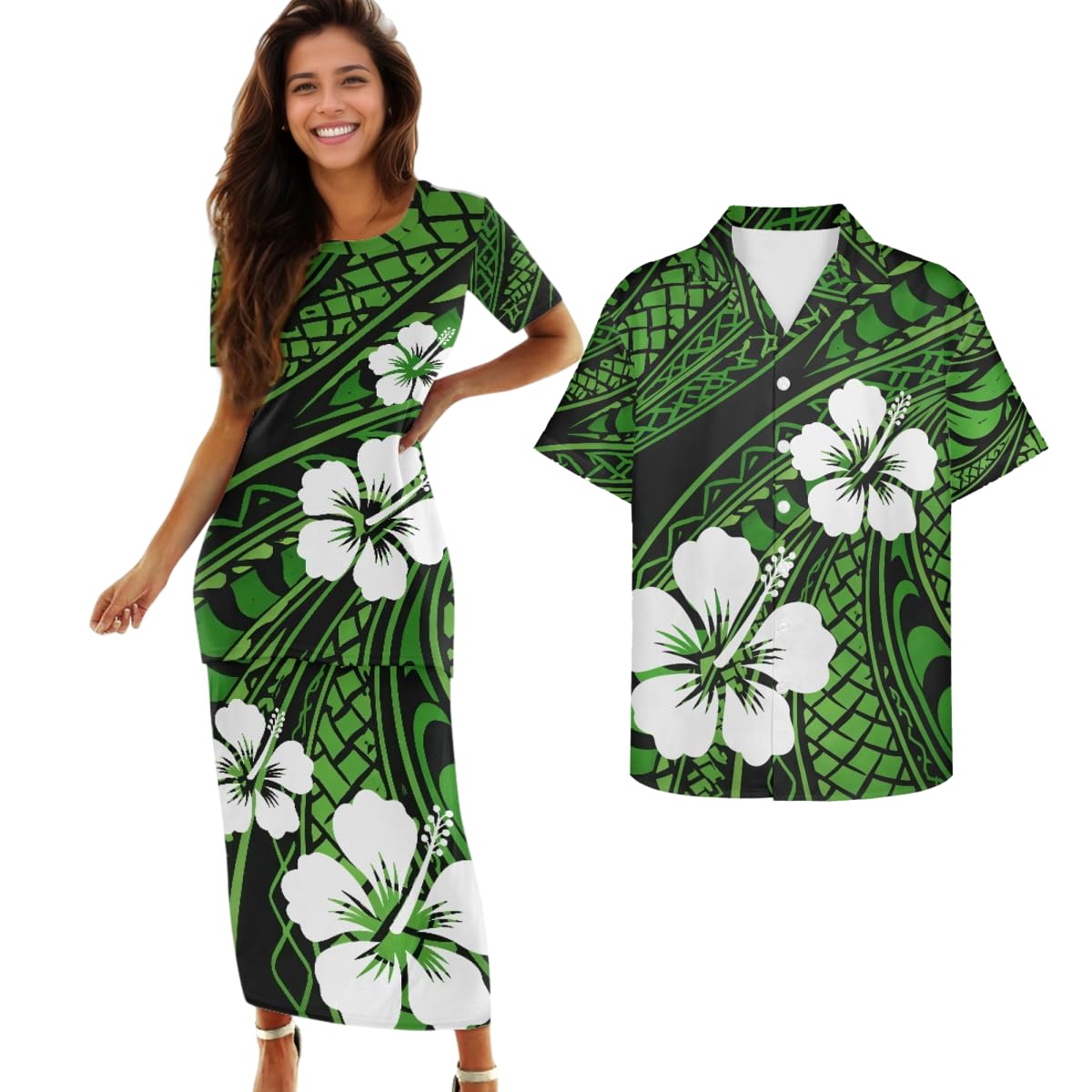 Samoa Couple Outfit Polynesian Dress for Women Traditional Puletasi Shirts for Men Beach Lava Lava Luau