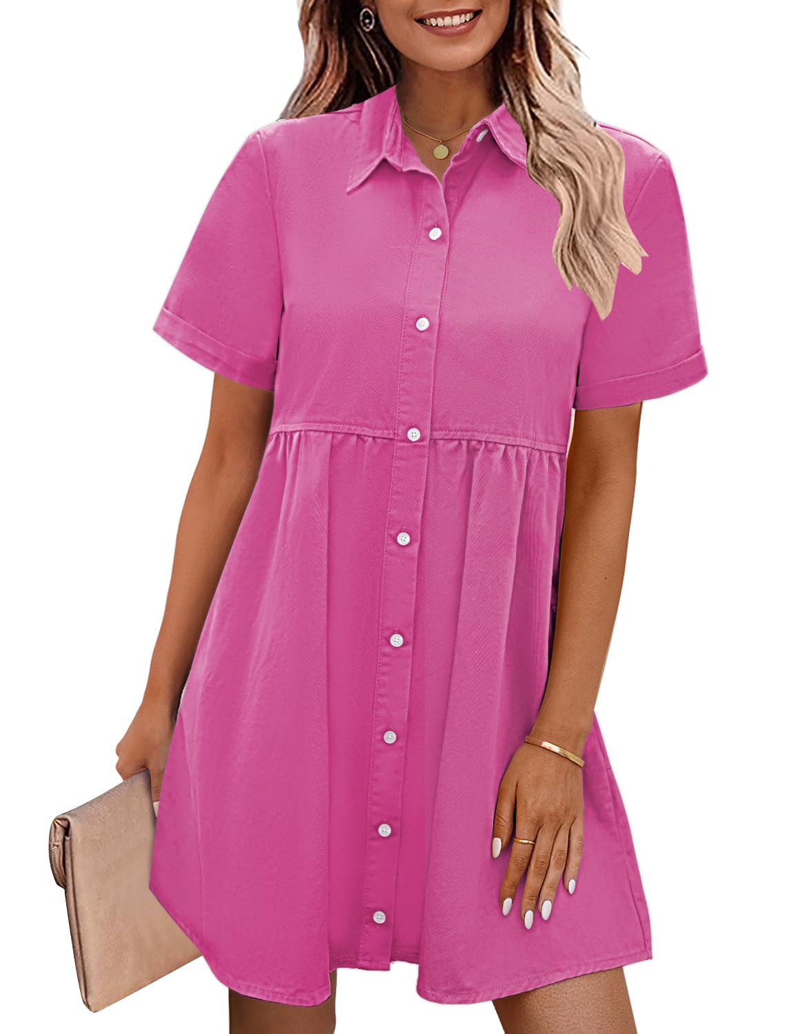 GRAPENT Denim Dress for Women Babydoll Tiered Short Sleeve Button Down Jean Shirt Dresses