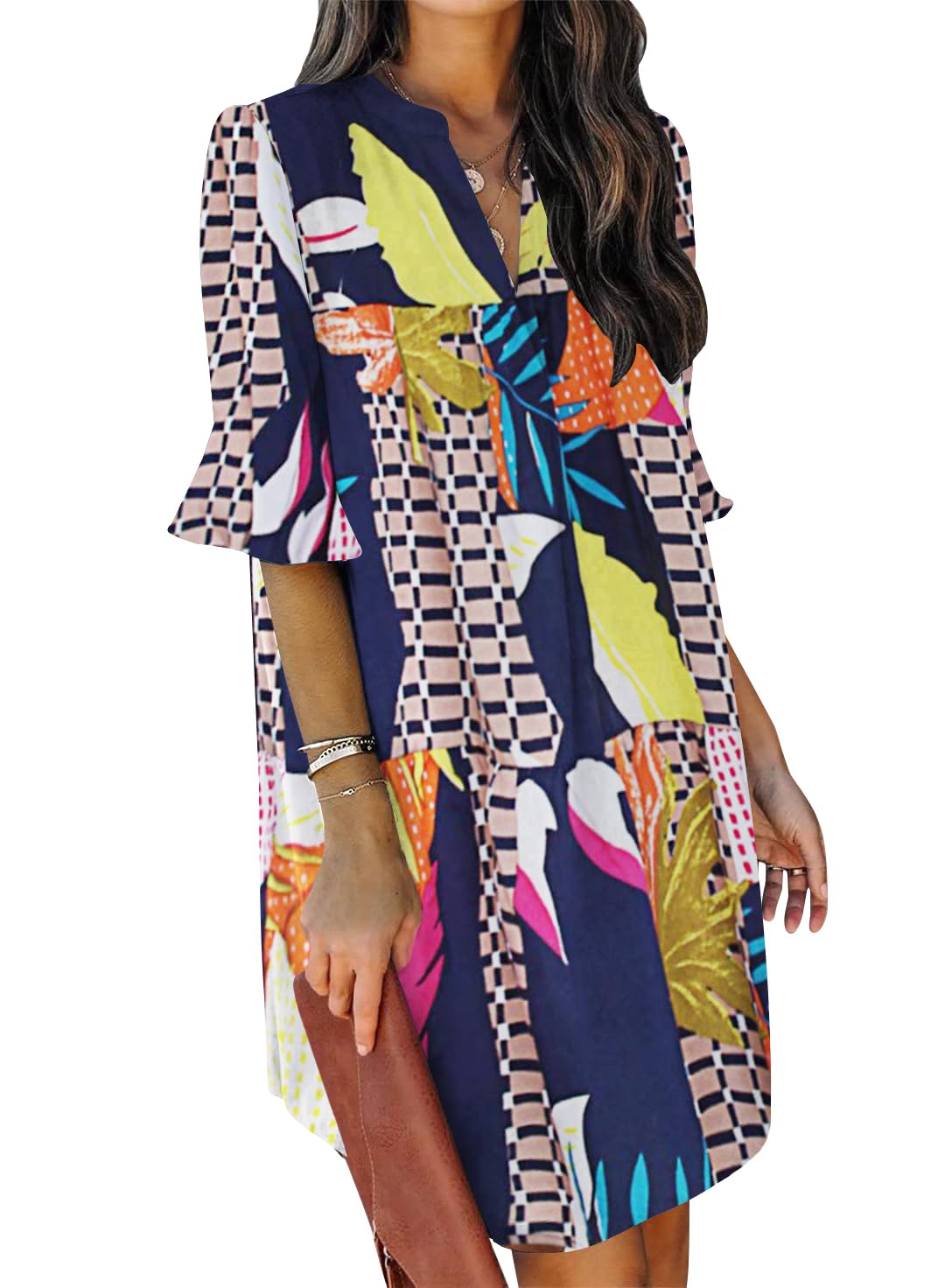 QACOHU Summer Dresses for Women V Neck Ruffle Short Sleeve Shift Dress