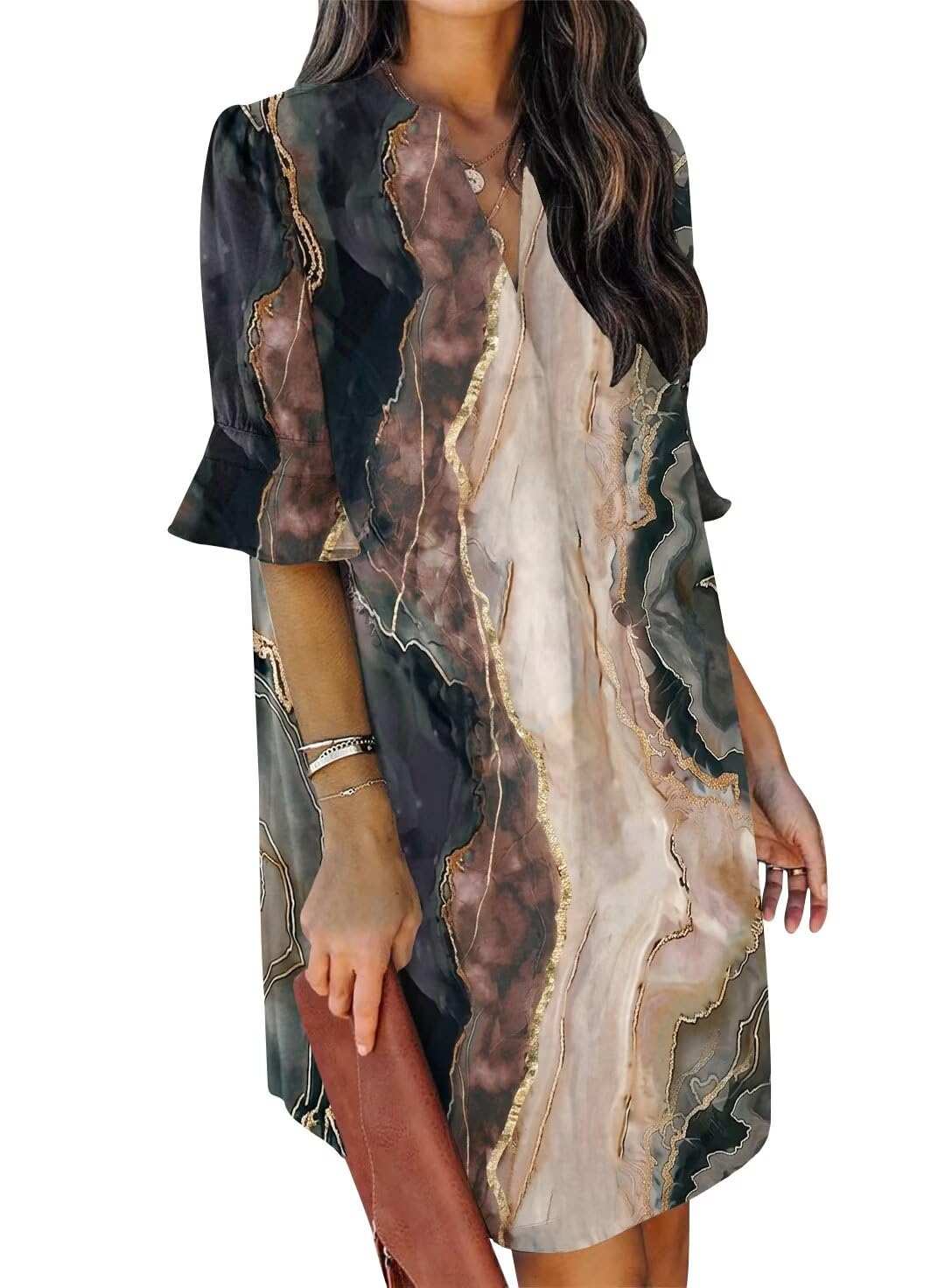 QACOHU Summer Dresses for Women V Neck Ruffle Short Sleeve Shift Dress