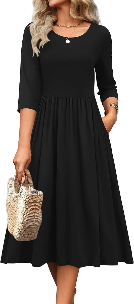 Zeagoo 3/4 Sleeve Women's Dress Casual Aline Summer Fall Midi Long Dresses