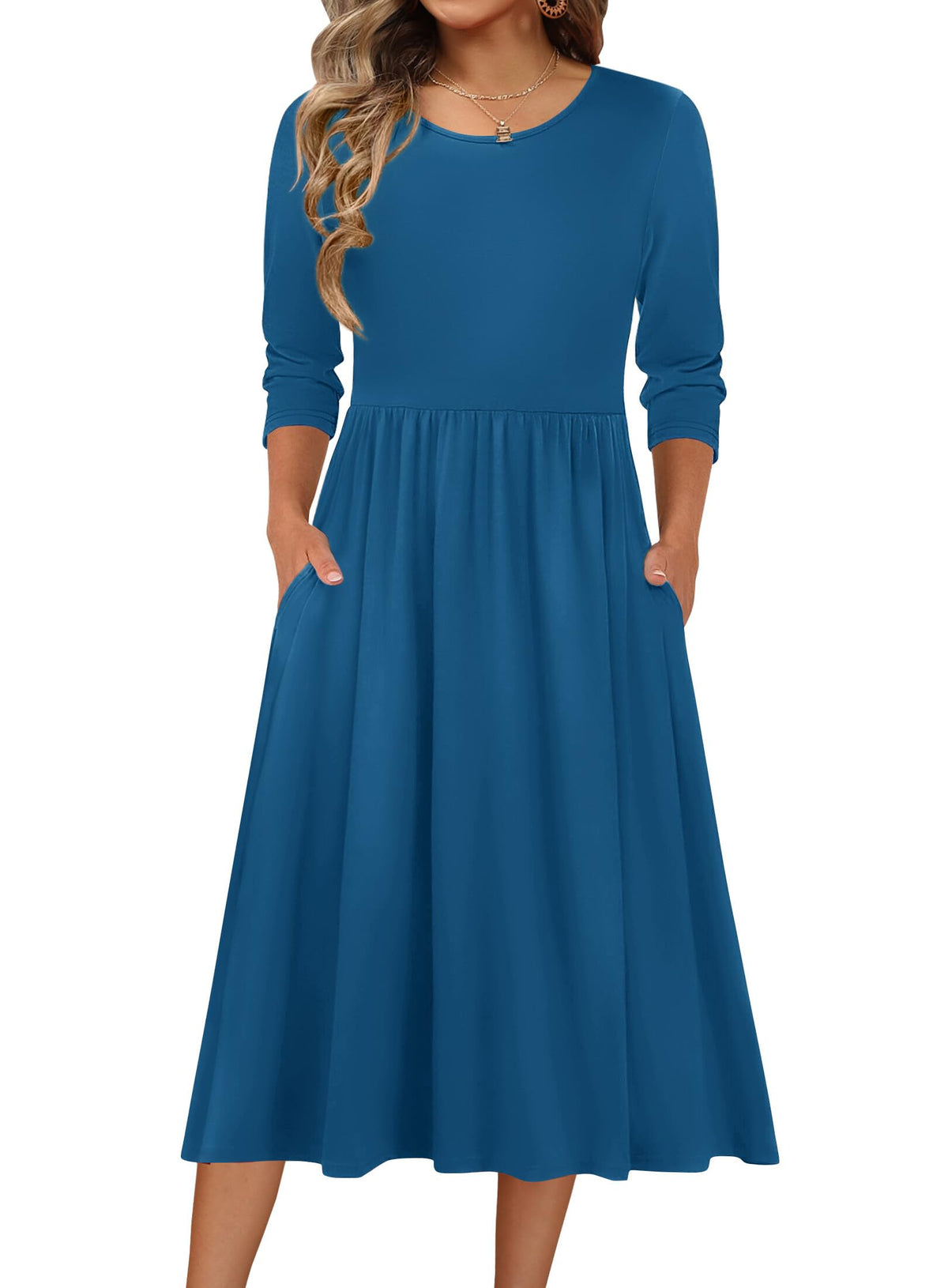 Zeagoo 3/4 Sleeve Women's Dress Casual Aline Summer Fall Midi Long Dresses