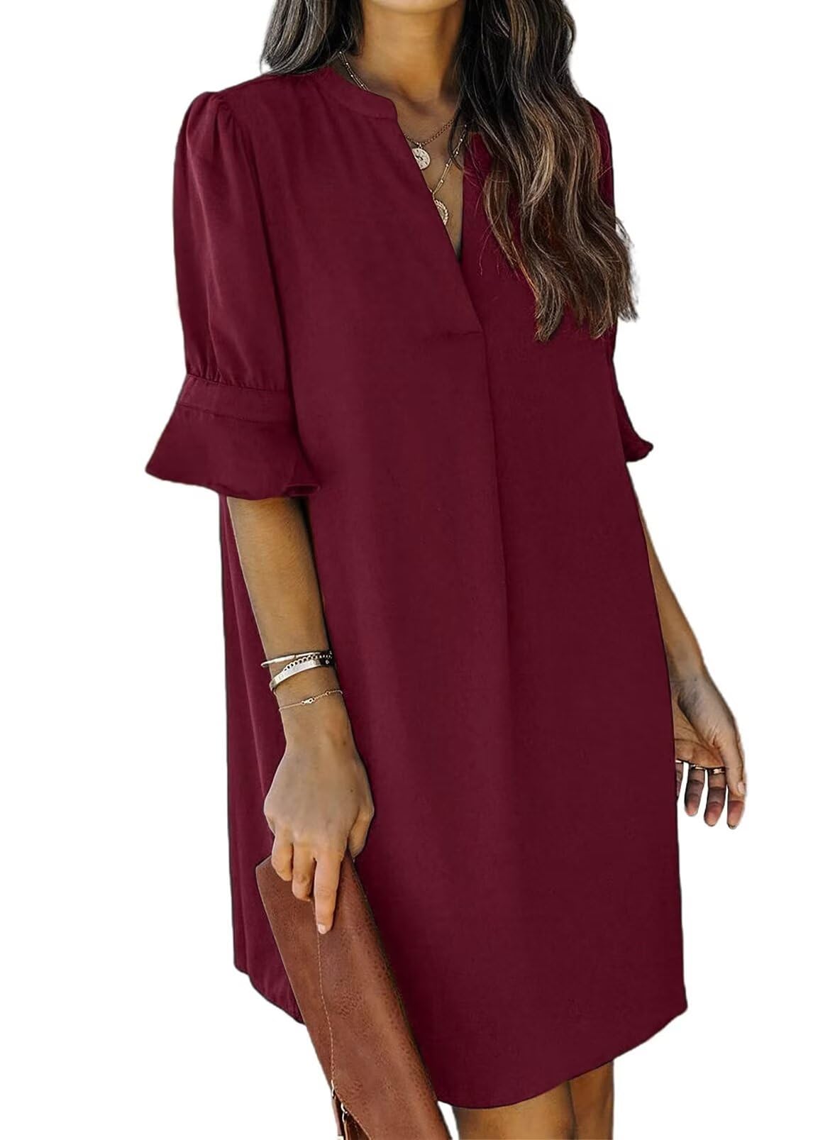 QACOHU Summer Dresses for Women V Neck Ruffle Short Sleeve Shift Dress