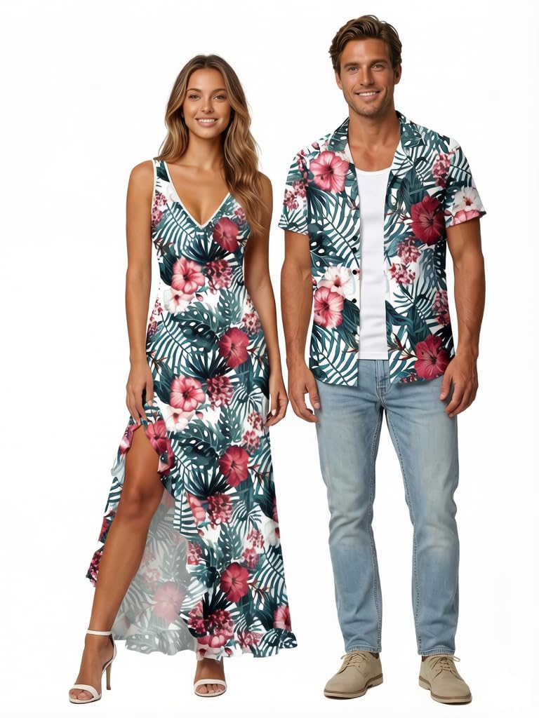 DRESSFO Couple Matching Hawaiian Outfits Flower Leaf Printed Ruffles Split Dress or Men's Short Sleeve Button Up Shirt