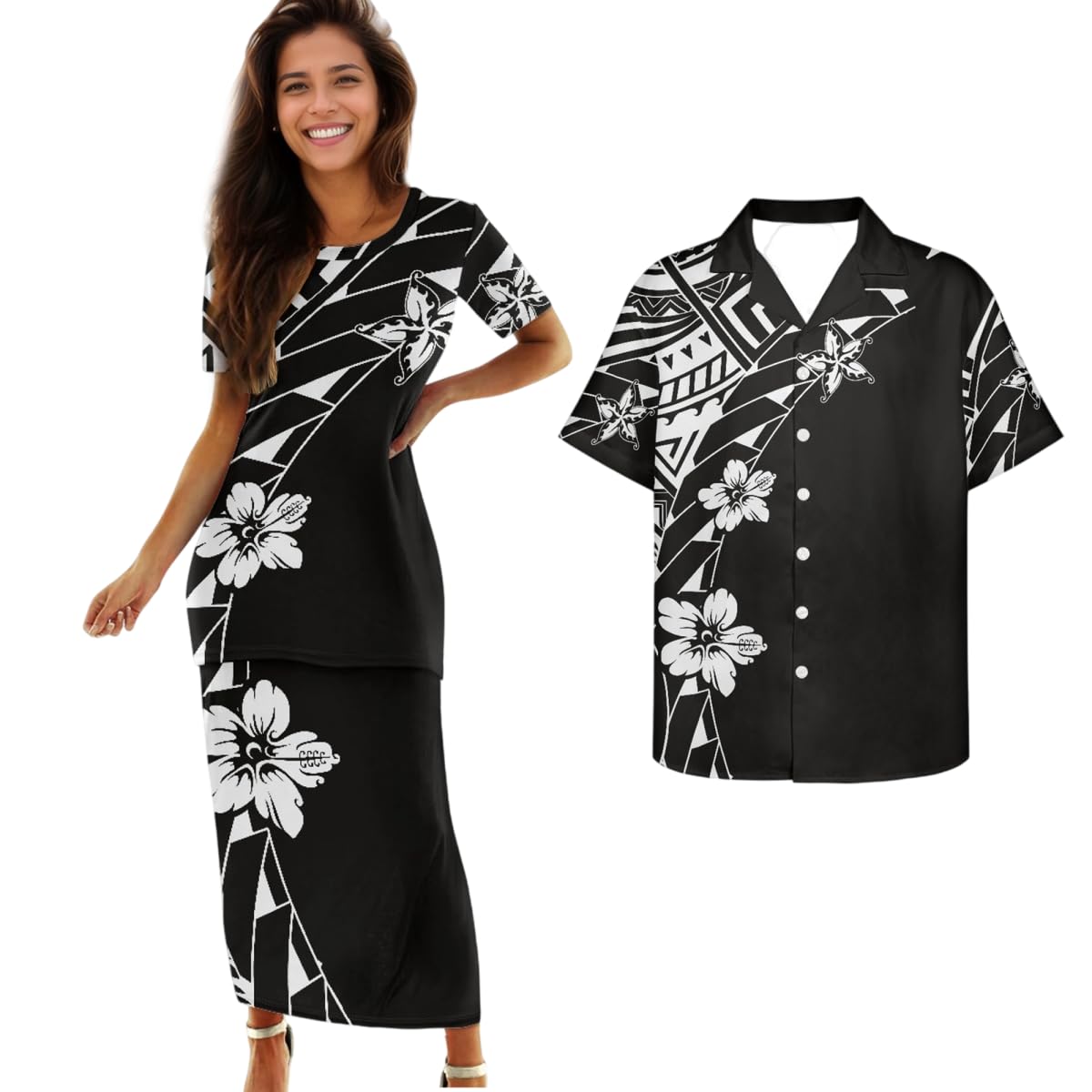 Samoa Couple Outfit Polynesian Dress for Women Traditional Puletasi Shirts for Men Beach Lava Lava Luau