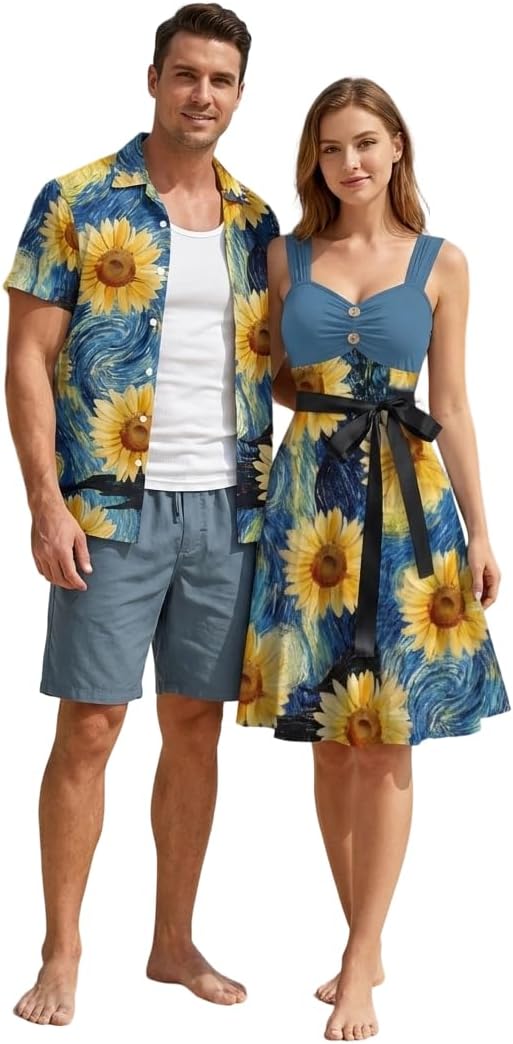 DRESSFO Couple Matching Hawaiian Outfits Allover Flower Print Sundress or Vacation Men's Button Up Shirt Outfit