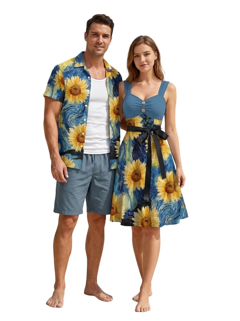 DRESSFO Couple Matching Hawaiian Outfits Allover Flower Print Sundress or Vacation Men's Button Up Shirt Outfit