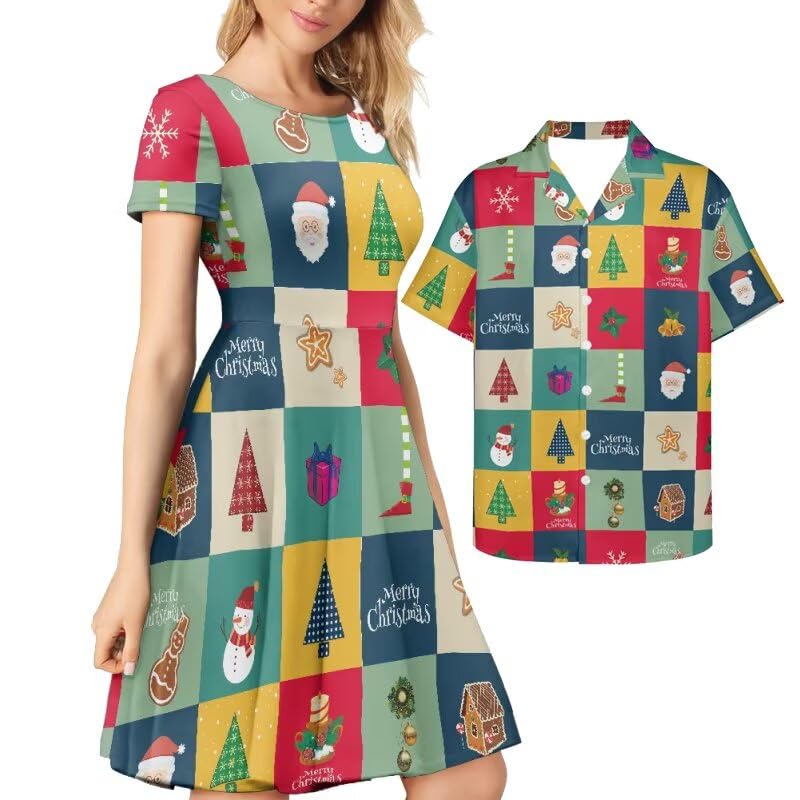 AmzPrint Couple Christmas Shirt and Dress Womens Elegant Short Sleeve Round Neck Cocktail Party Green Xmas Swing Dress