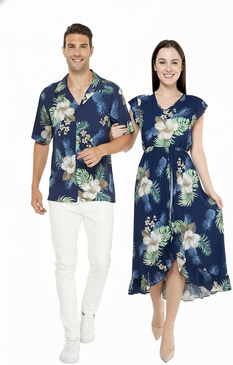 Matchable Couple Hawaiian Shirt or Wrap Dress Signature Prints Pineapple