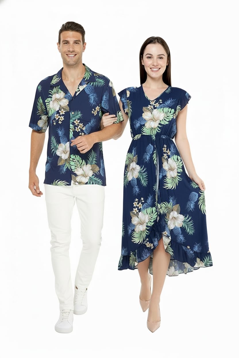 Matchable Couple Hawaiian Shirt or Wrap Dress Signature Prints Pineapple