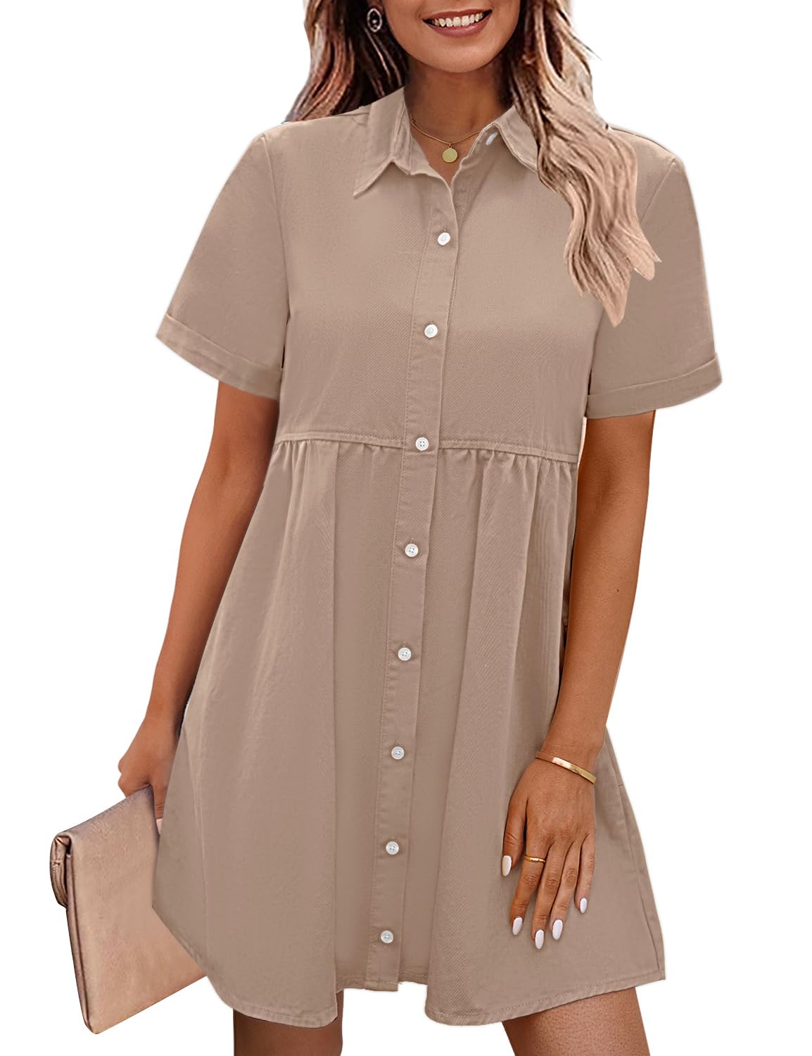 GRAPENT Denim Dress for Women Babydoll Tiered Short Sleeve Button Down Jean Shirt Dresses
