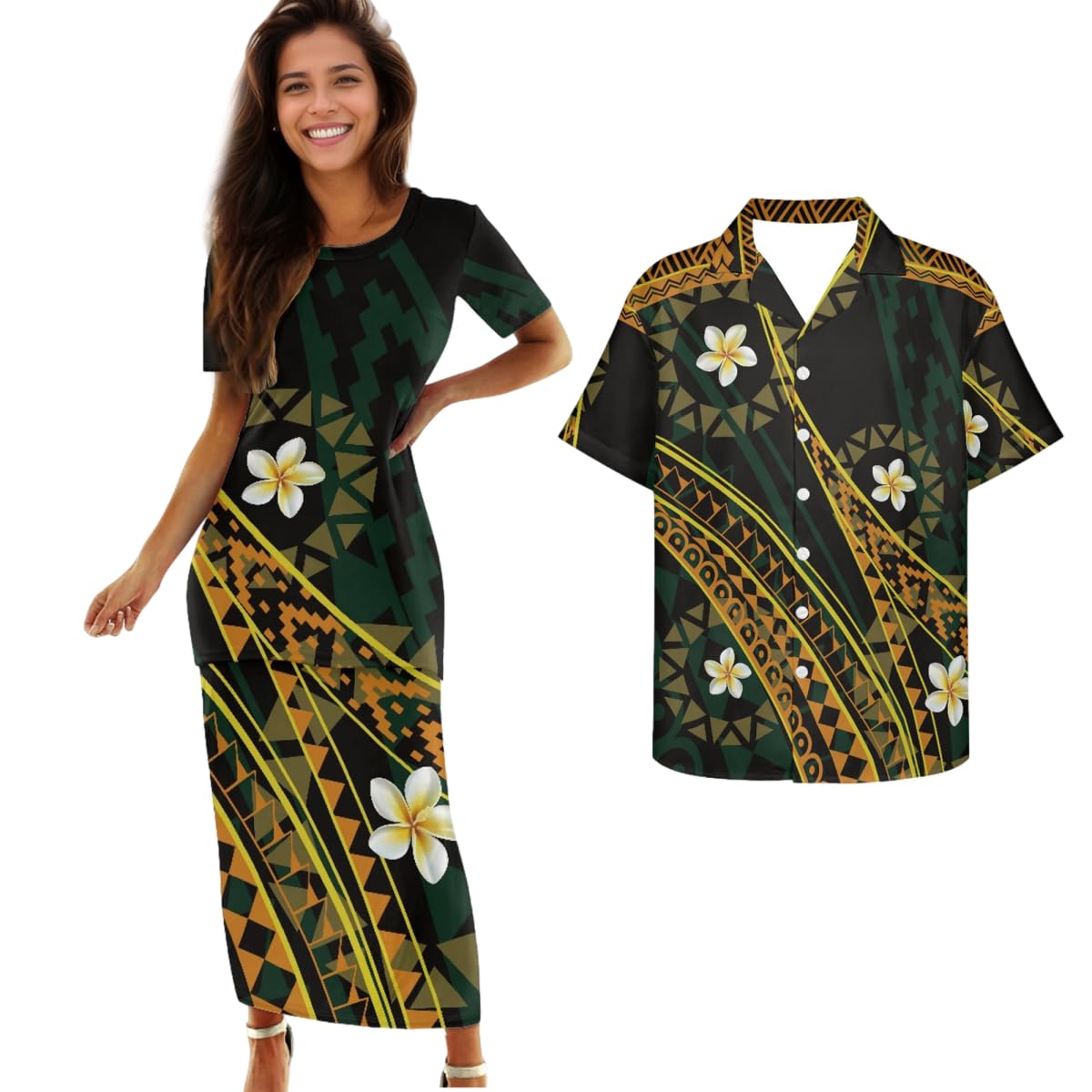 Samoa Couple Outfit Polynesian Dress for Women Traditional Puletasi Shirts for Men Beach Lava Lava Luau
