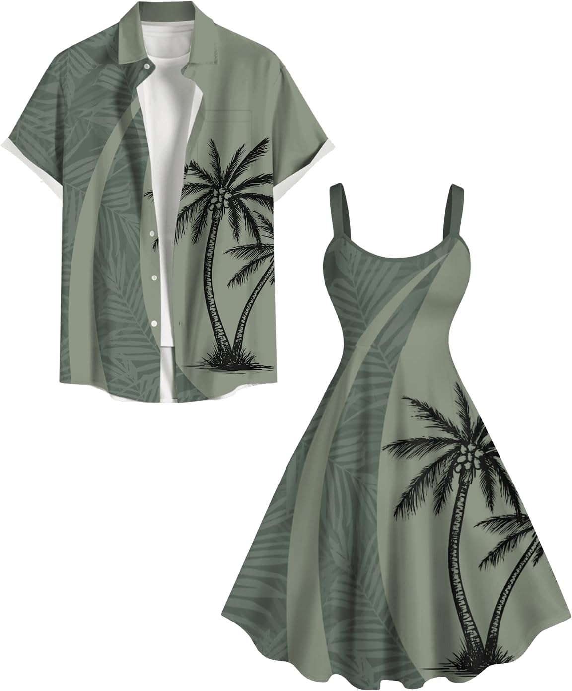 ROSE GAL Matchable Couple Hawaiian Coconut Tree Print Shirt or Plus Size Knee Length Fit and Flare Tank Dress