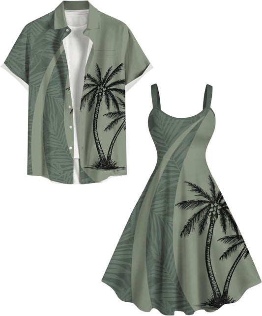 ROSE GAL Matchable Couple Hawaiian Coconut Tree Print Shirt or Plus Size Knee Length Fit and Flare Tank Dress