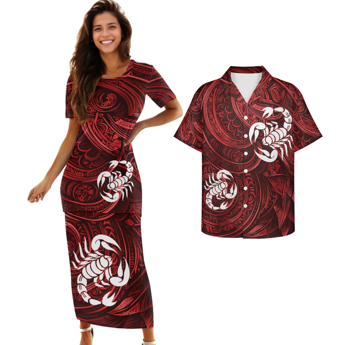 Samoa Couple Outfit Polynesian Dress for Women Traditional Puletasi Shirts for Men Beach Lava Lava Luau