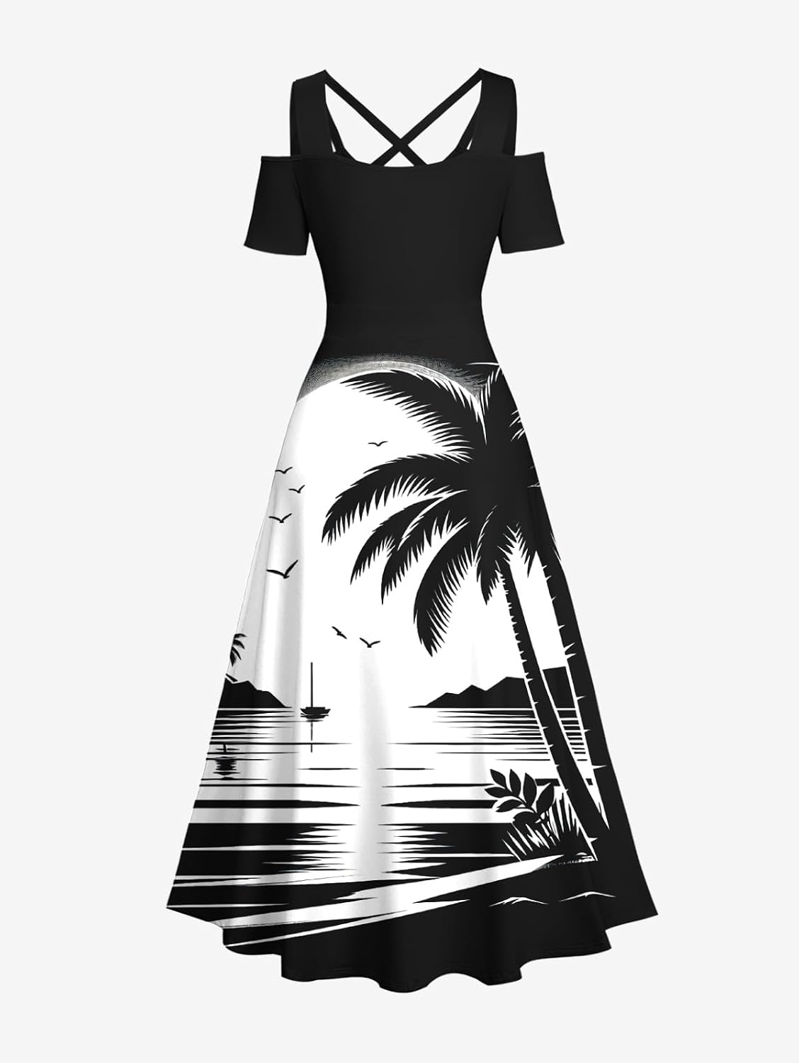 Matchable Couple Hawaiian Coconut Tree Print Shirt or Plus Size Midi Cold Shoulder Dress