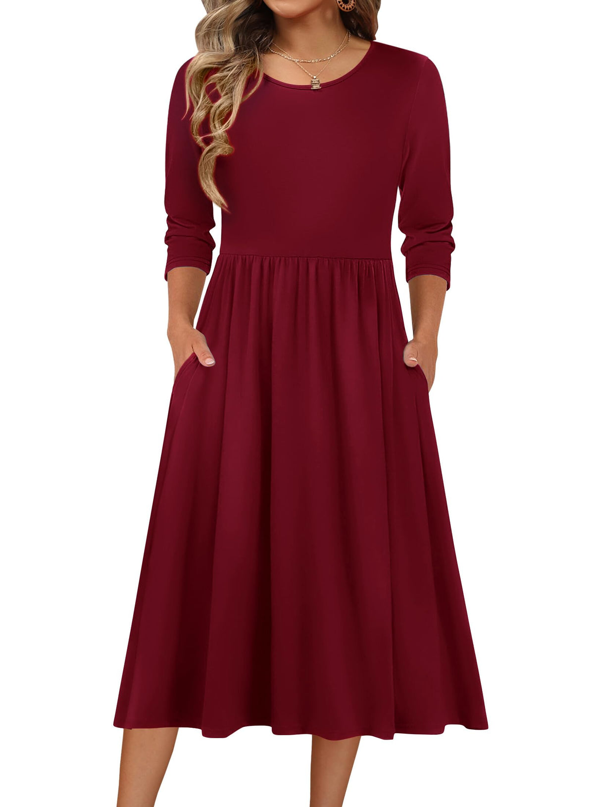 Zeagoo 3/4 Sleeve Women's Dress Casual Aline Summer Fall Midi Long Dresses