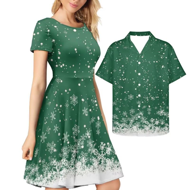 AmzPrint Couple Christmas Shirt and Dress Womens Elegant Short Sleeve Round Neck Cocktail Party Green Xmas Swing Dress