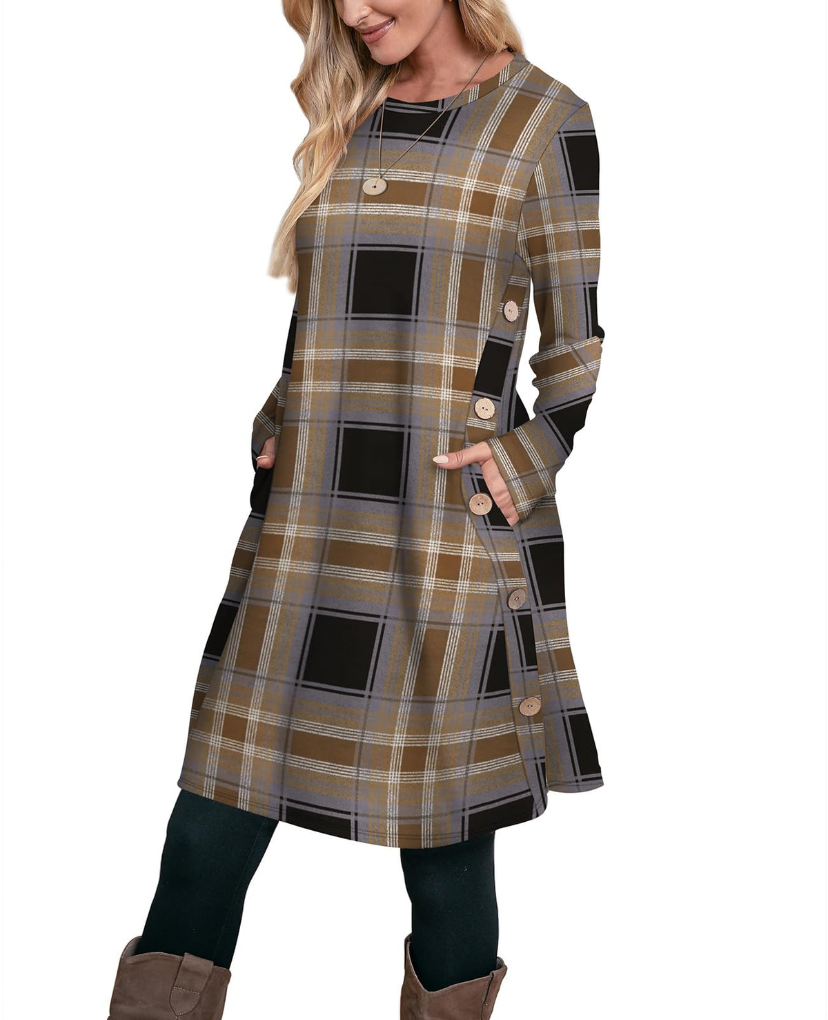 OFEEFAN Fall Dresses for Women 2026 Crew Neck Long Sleeve Dress with Pockets