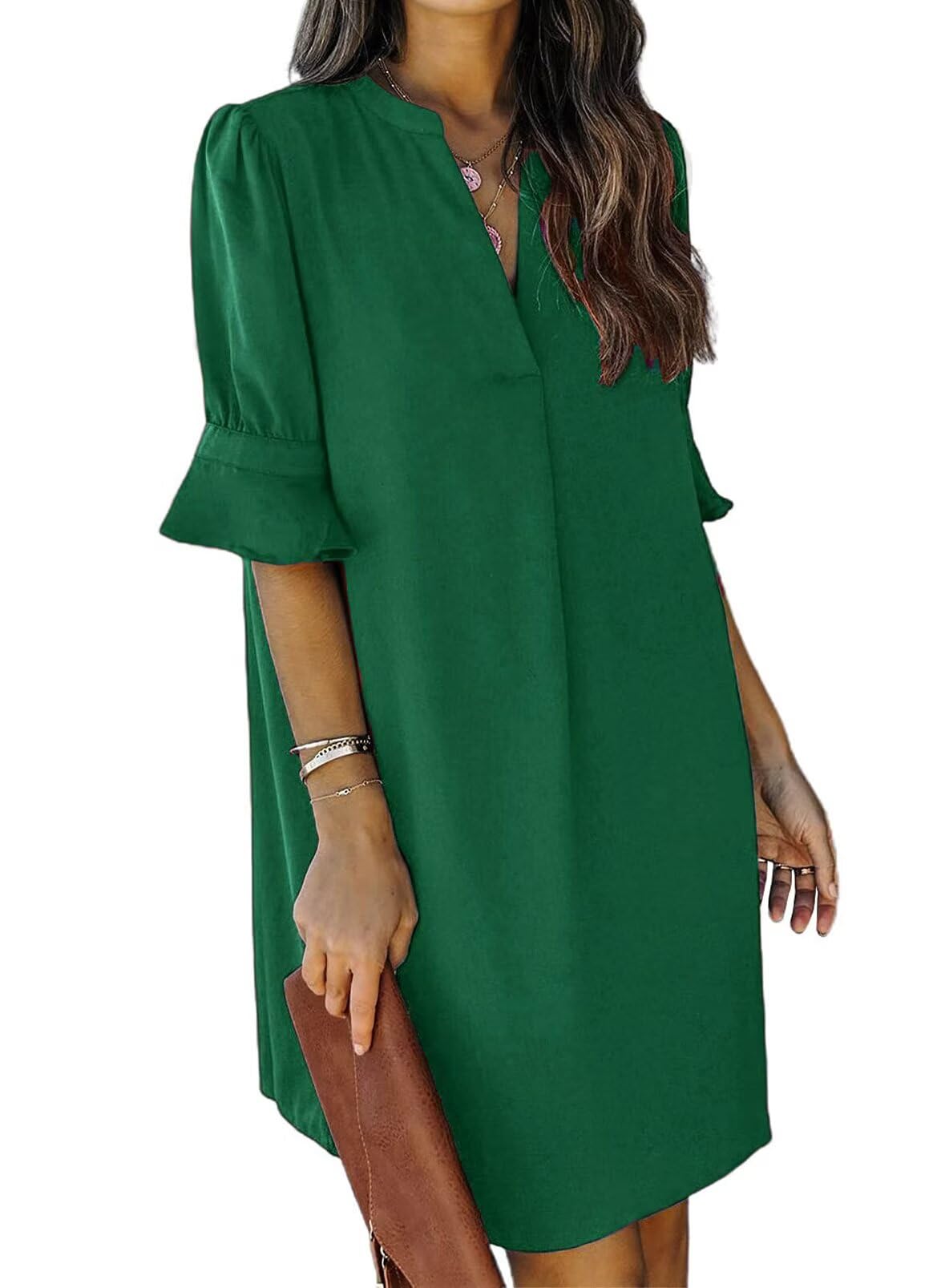 QACOHU Summer Dresses for Women V Neck Ruffle Short Sleeve Shift Dress