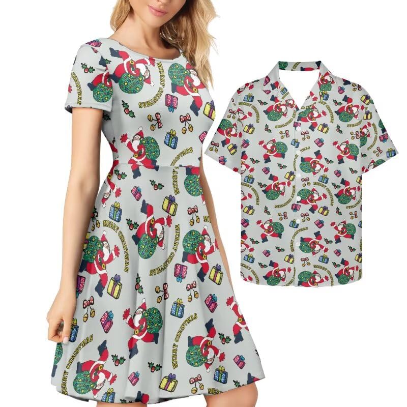 AmzPrint Couple Christmas Shirt and Dress Womens Elegant Short Sleeve Round Neck Cocktail Party Green Xmas Swing Dress