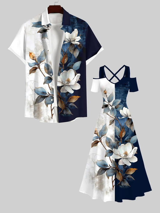 ROSE GAL Matchable Couples Hawaiian Men Shirt and Women Cold Shoulder Crisscorss Short Sleeves Midi Dress
