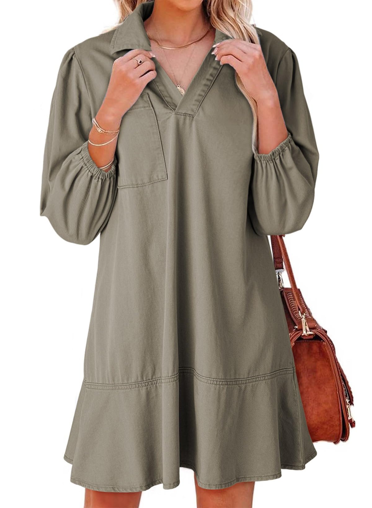 Dokotoo Denim Dress for Women Fall 3/4 Puff Sleeve Babydoll Jean Dress