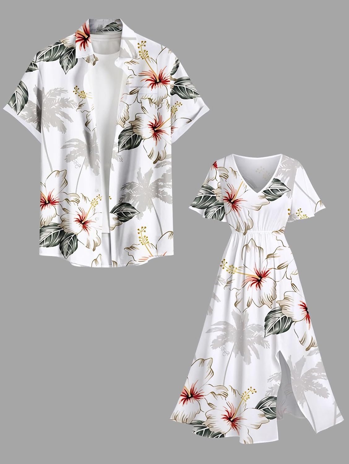 Matchable Couple Hawaiian Sea Beach Starfish Turtle Shell Print Shirt or Plus Size Midi Split A Line Dress