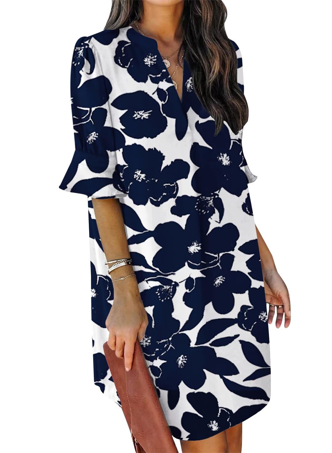 QACOHU Summer Dresses for Women V Neck Ruffle Short Sleeve Shift Dress