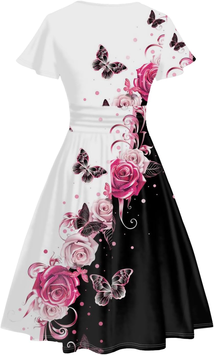 DRESSFO Couple Matching Hawaiian Outfits Butterfly Rose Print A-line Dress or Men's Short Sleeve Button Up Shirt