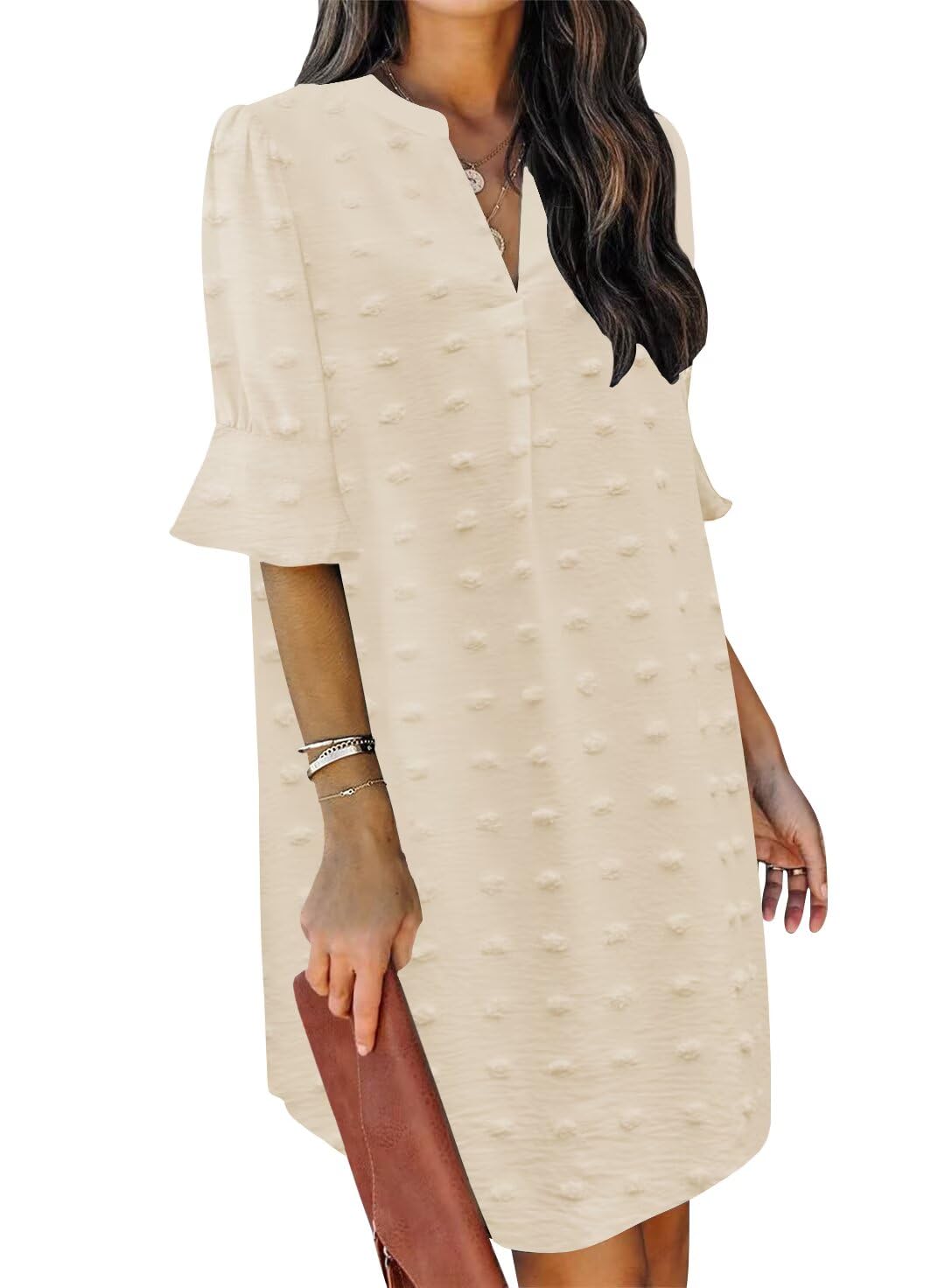 QACOHU Summer Dresses for Women V Neck Ruffle Short Sleeve Shift Dress