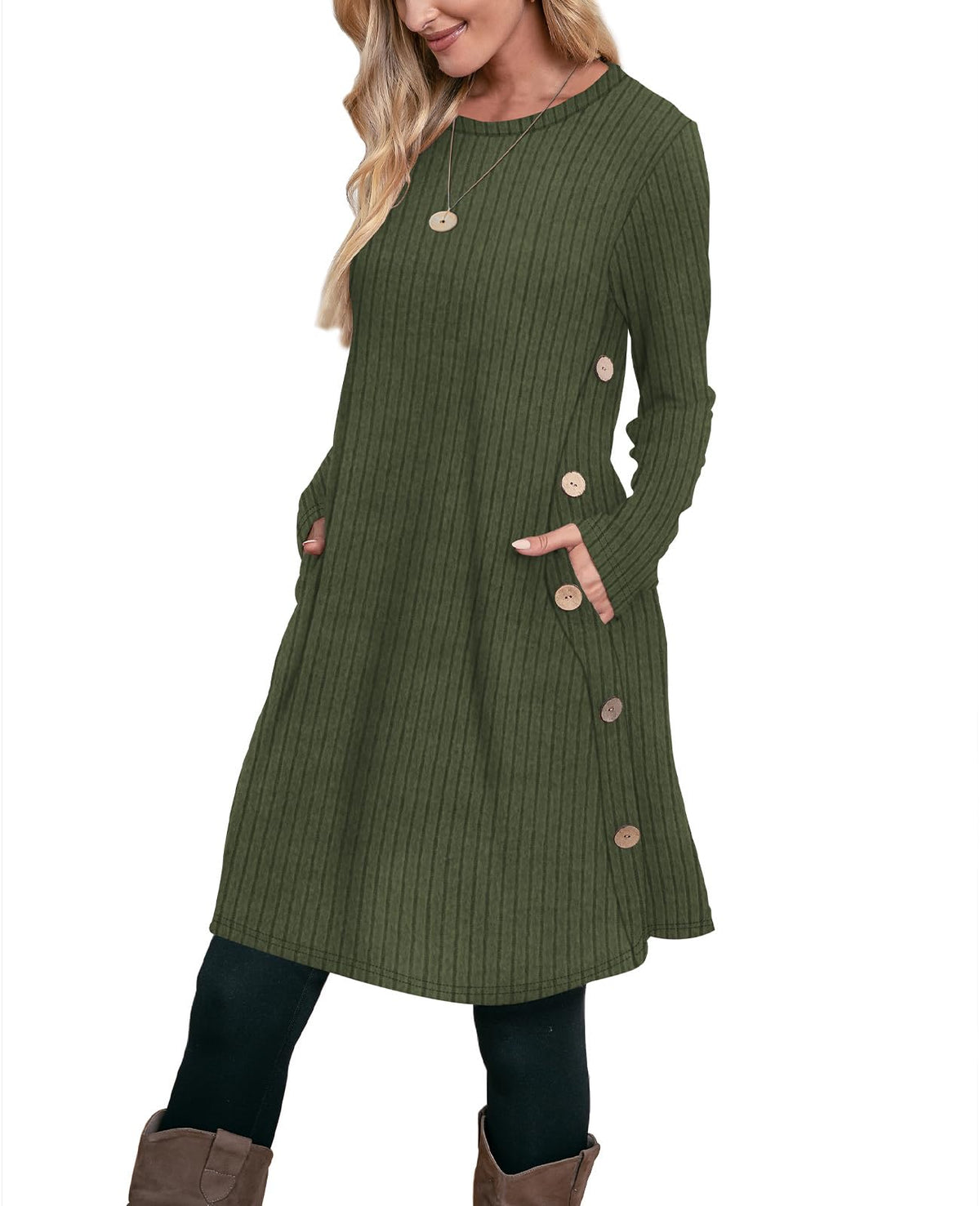 OFEEFAN Fall Dresses for Women 2026 Crew Neck Long Sleeve Dress with Pockets
