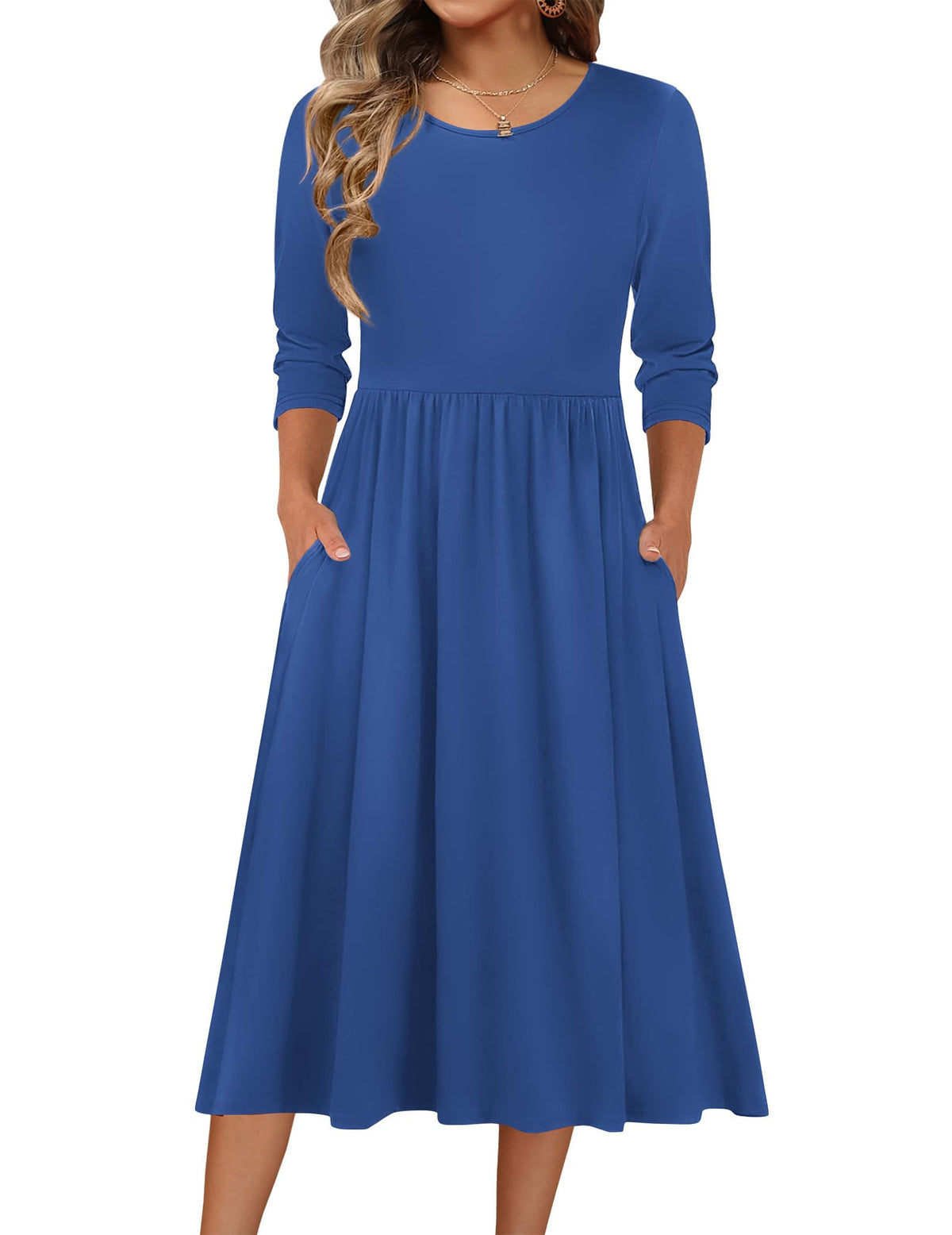 Zeagoo 3/4 Sleeve Women's Dress Casual Aline Summer Fall Midi Long Dresses