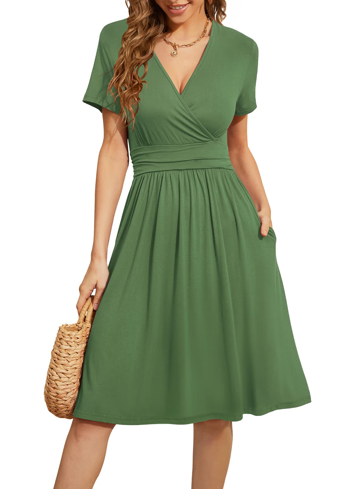WEACZZY Women's Summer Short Sleeve Casual Dresses V-Neck Floral Party Dress with Pockets