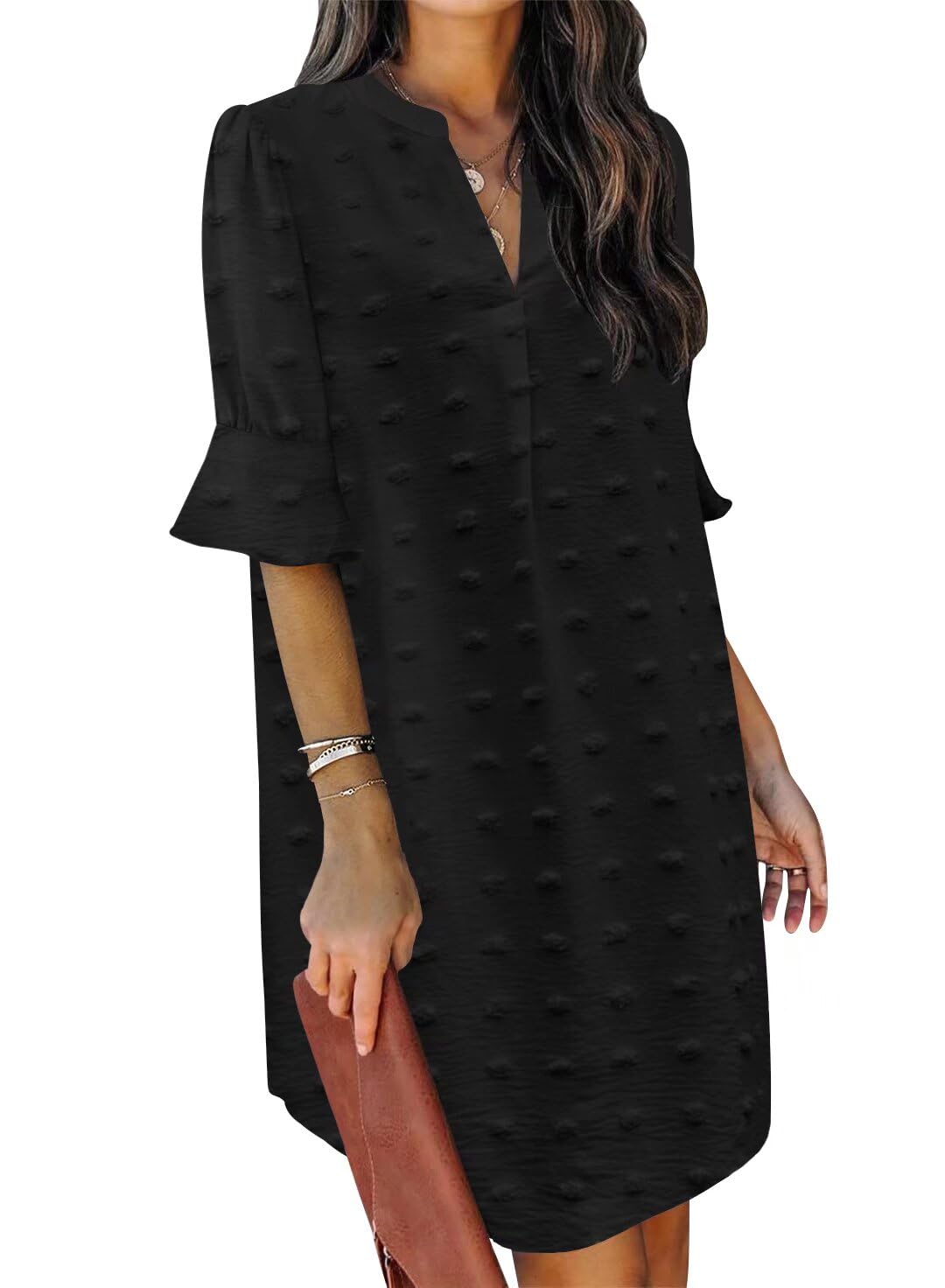 QACOHU Summer Dresses for Women V Neck Ruffle Short Sleeve Shift Dress