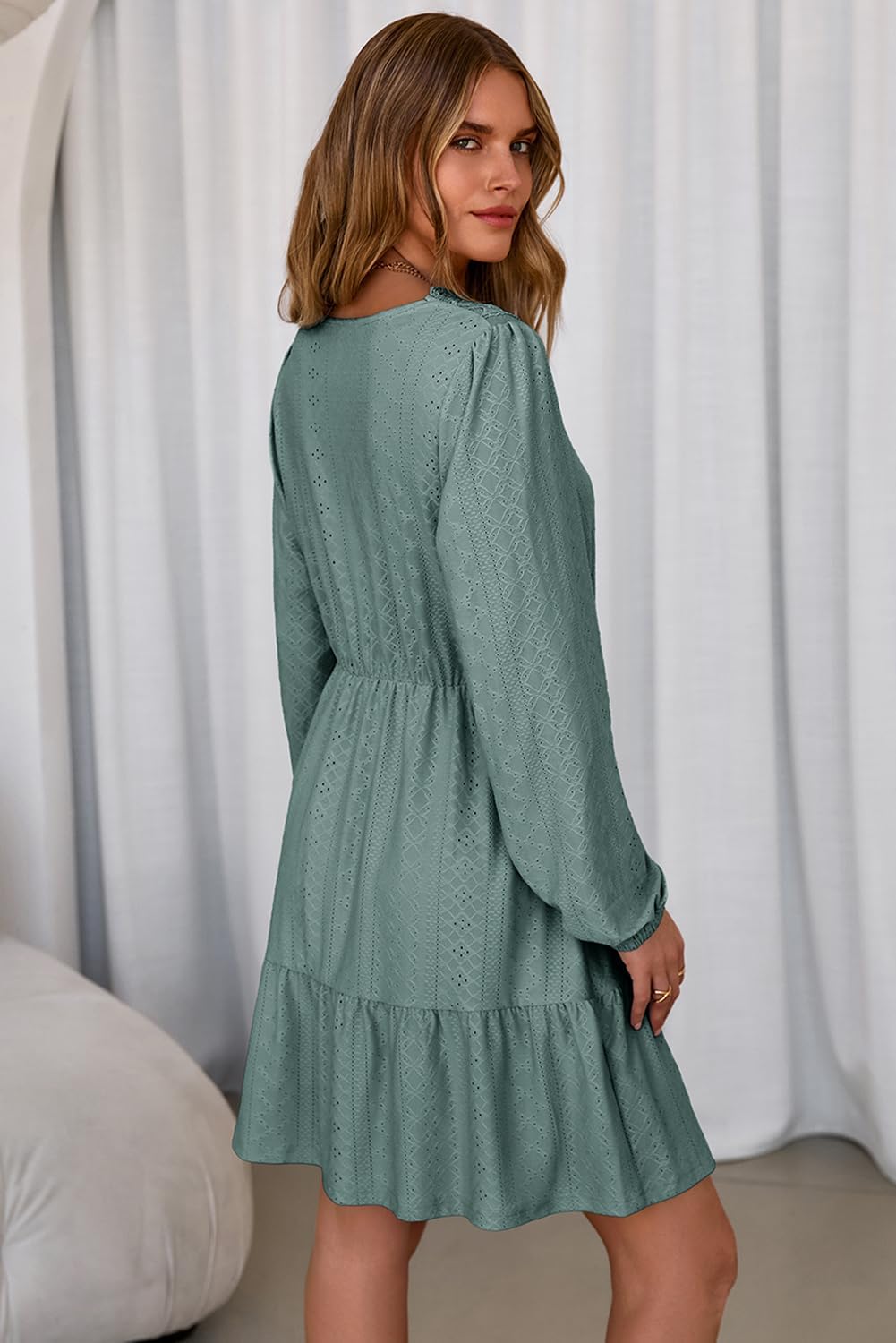 Dokotoo Womens Dresses Lace Hollow Out Embroidered V Neck Long Sleeve Dress