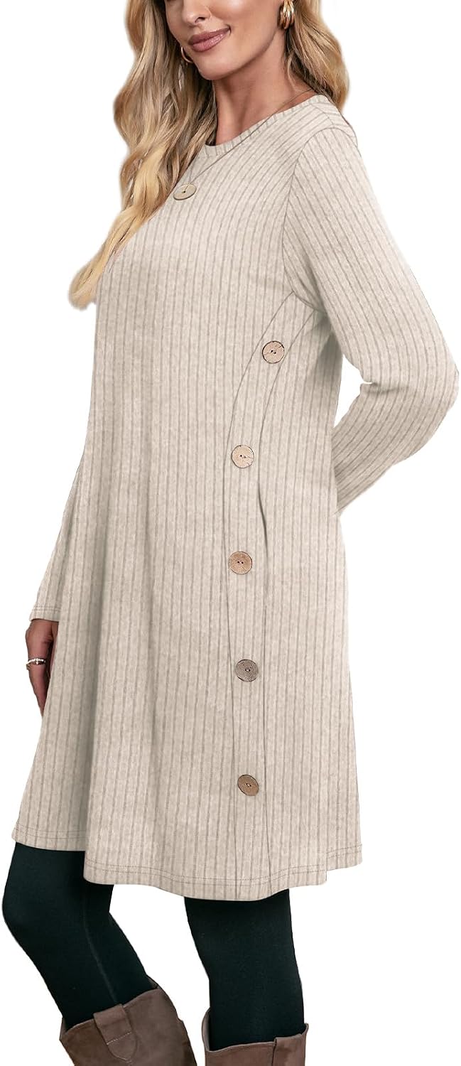 OFEEFAN Fall Dresses for Women 2026 Crew Neck Long Sleeve Dress with Pockets