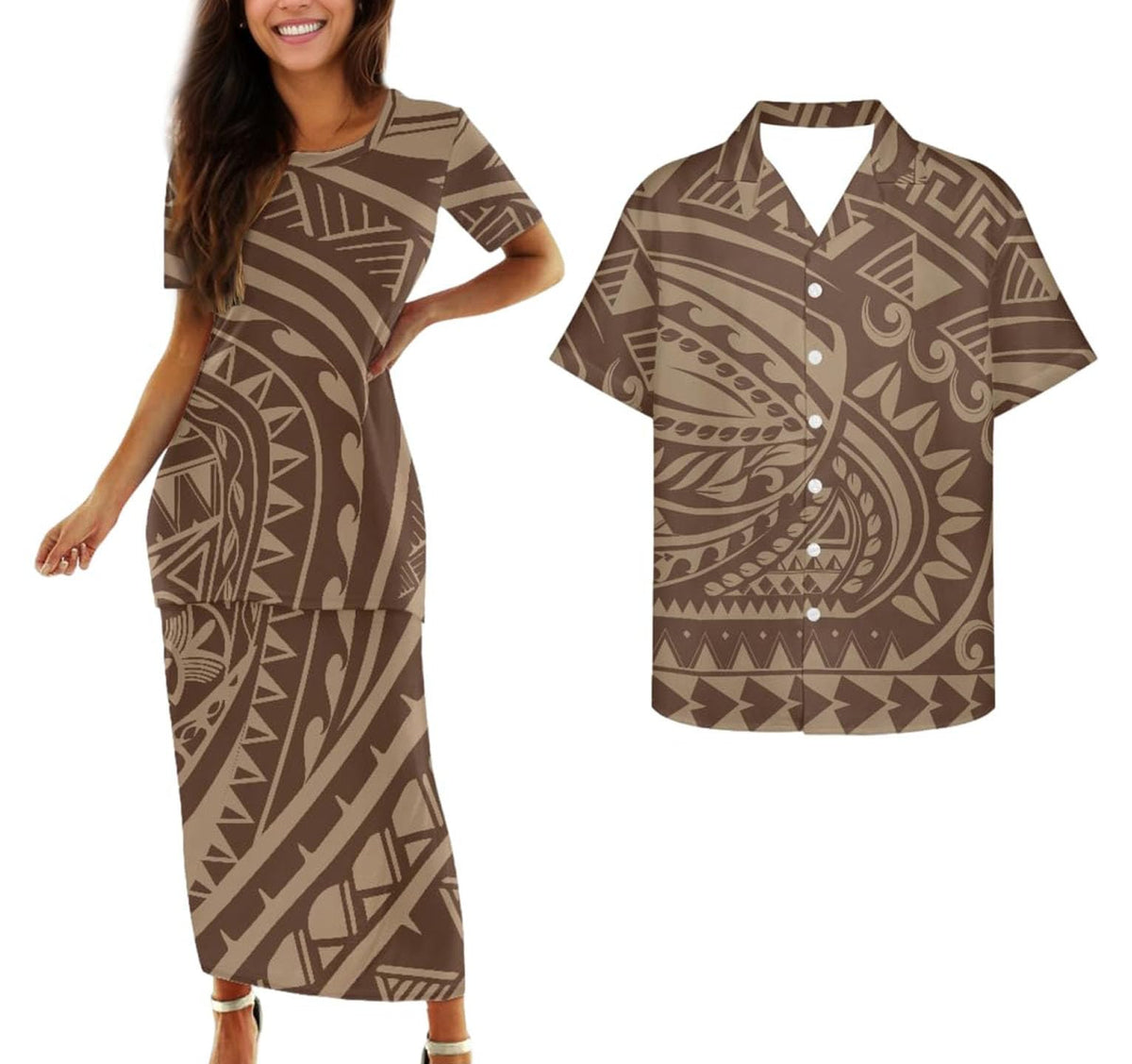 Samoa Couple Outfit Polynesian Dress for Women Traditional Puletasi Shirts for Men Beach Lava Lava Luau