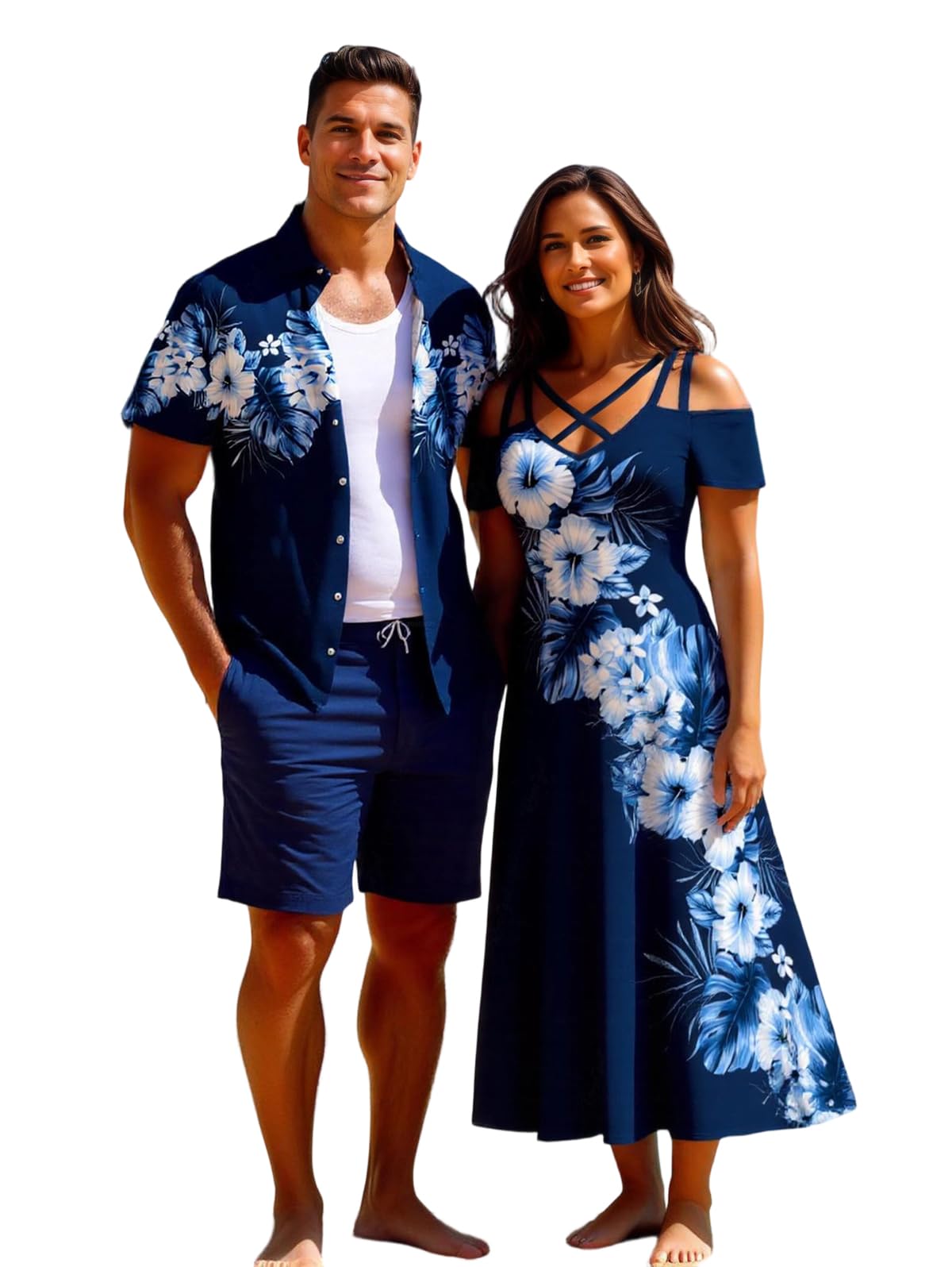 ROSE GAL Matchable Couples Hawaiian Men Shirt and Women Cold Shoulder Crisscorss Short Sleeves Midi Dress