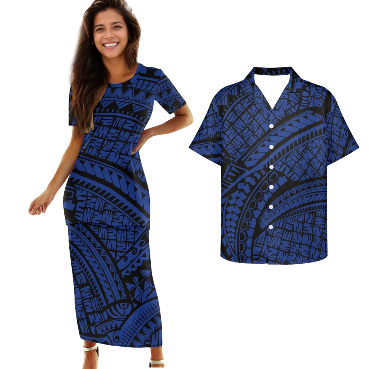 Samoa Couple Outfit Polynesian Dress for Women Traditional Puletasi Shirts for Men Beach Lava Lava Luau