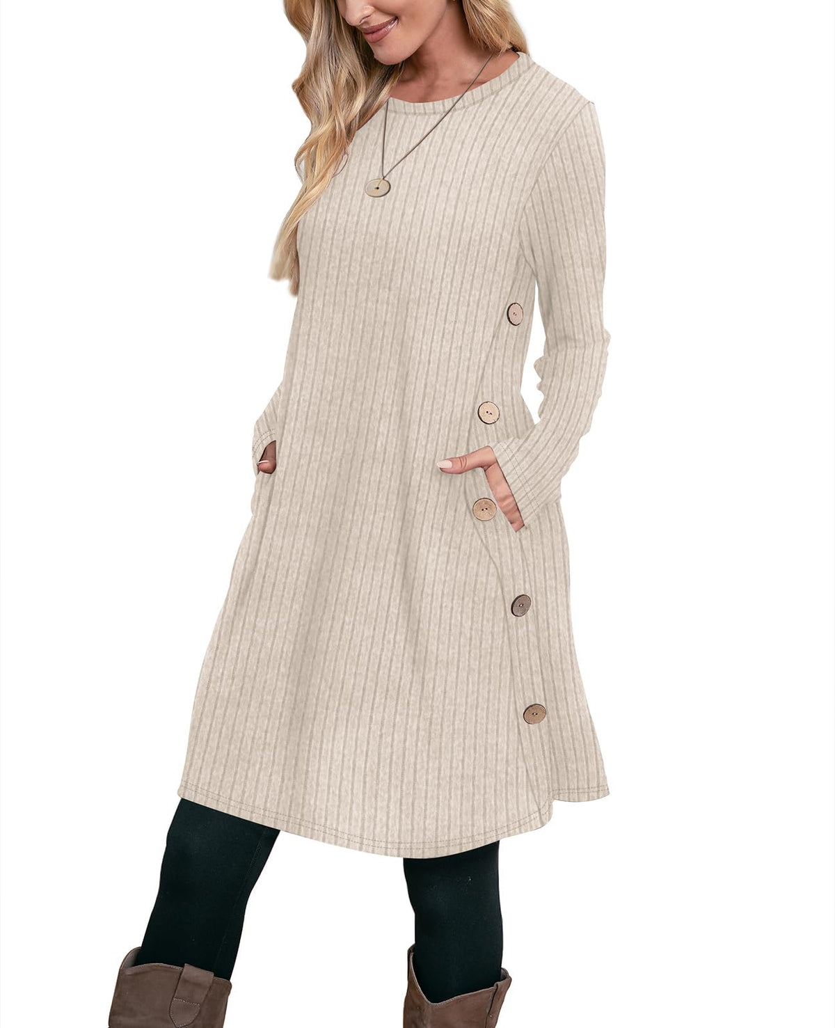 OFEEFAN Fall Dresses for Women 2026 Crew Neck Long Sleeve Dress with Pockets