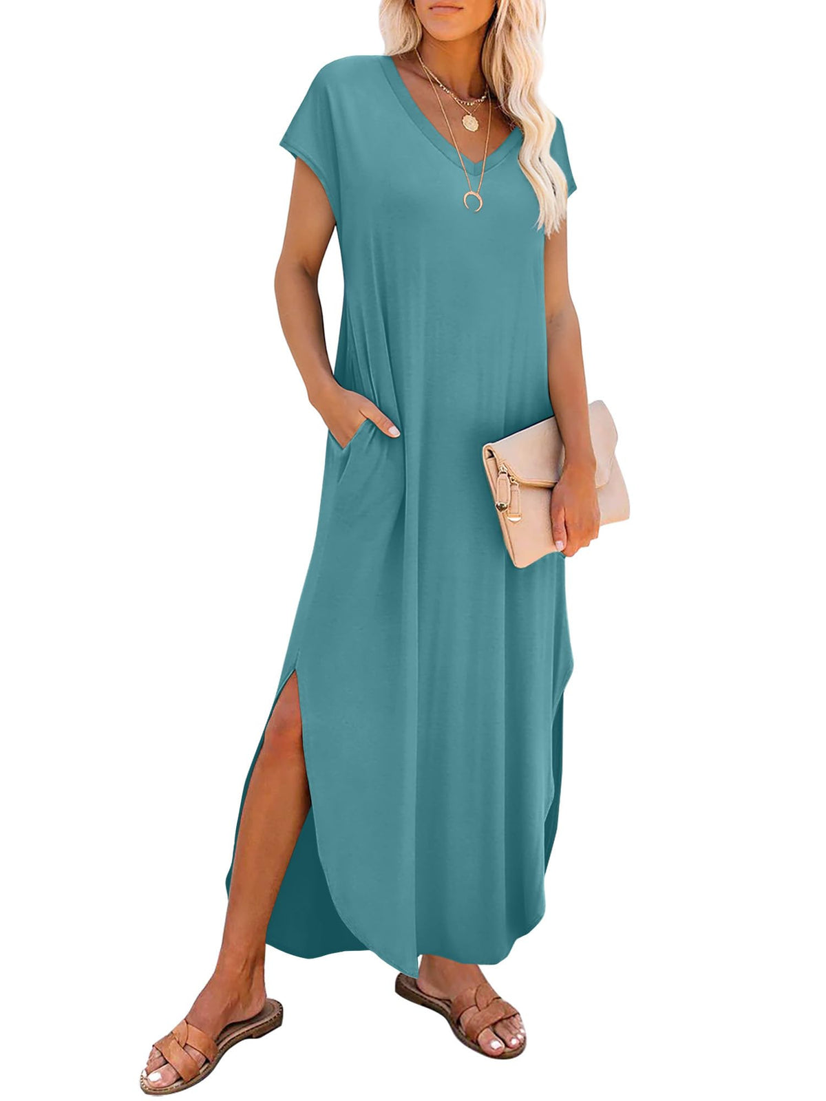 RUMIA Summer Maxi Dresses for Women Cap Sleeve Long Sundress with Pockets
