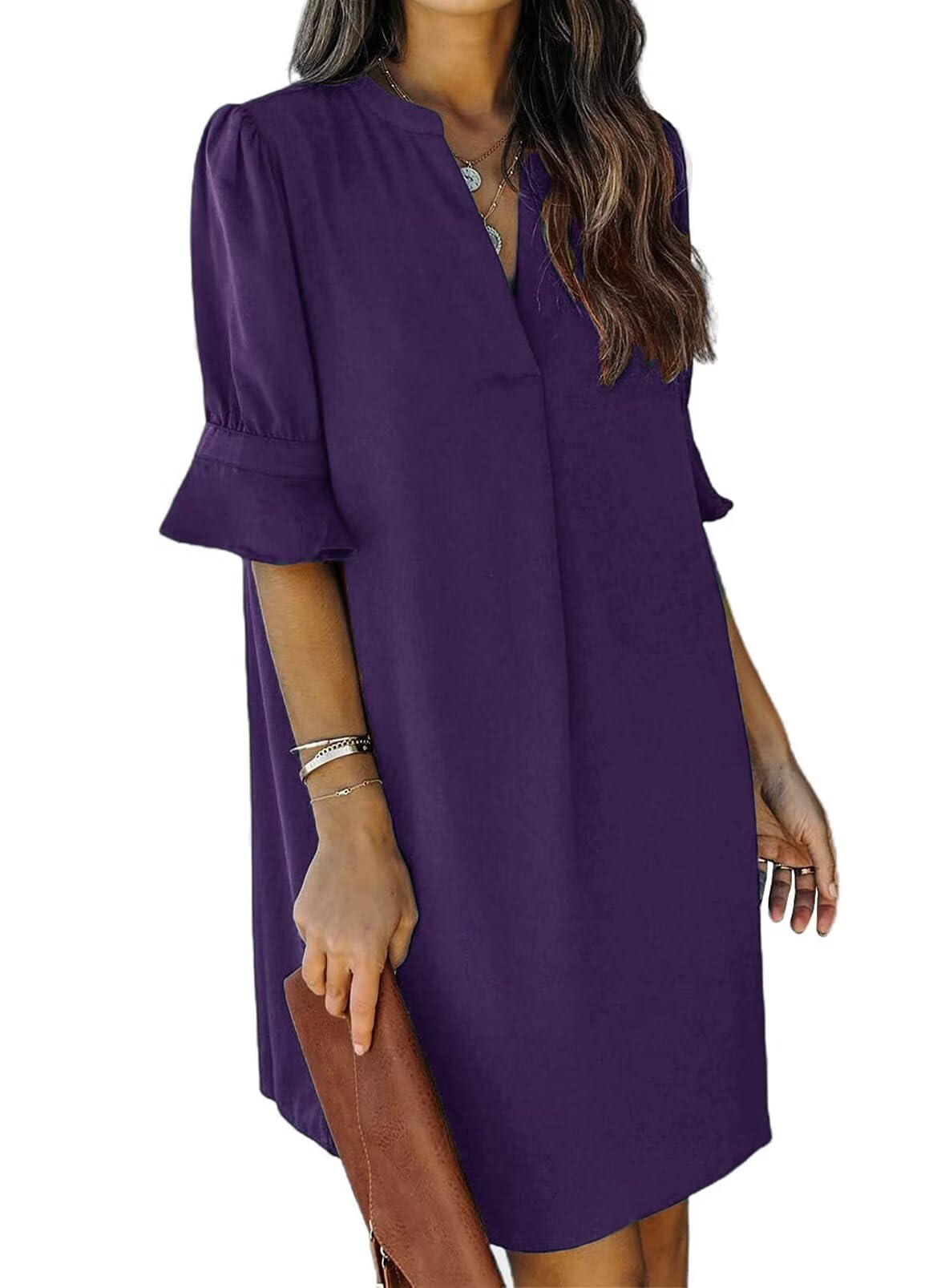 QACOHU Summer Dresses for Women V Neck Ruffle Short Sleeve Shift Dress